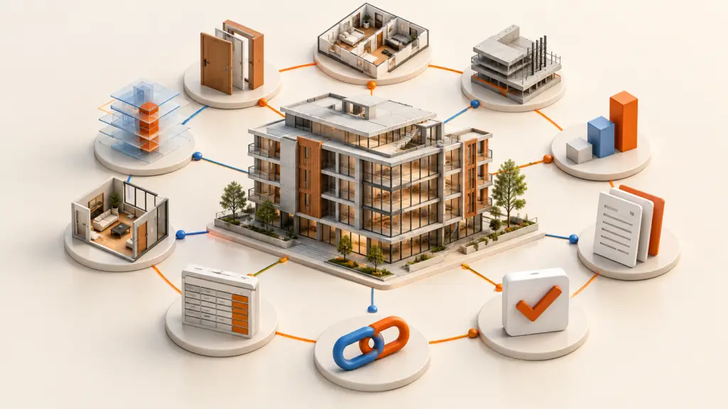 Modelo de edificio conectado con ejemplos de datos, vistas, espacios, validación e intercambio de información.