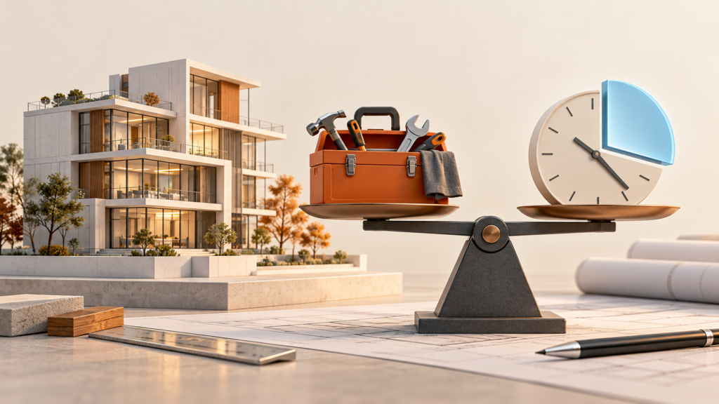 Balanza conceptual que compara el tiempo liberado con el coste de construir y mantener una automatización BIM.