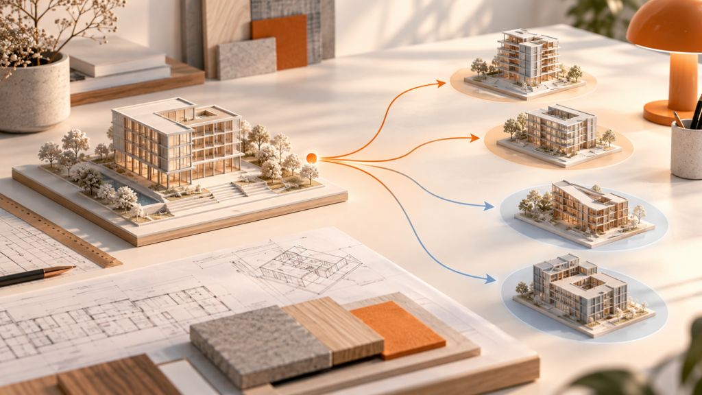 Un modelo arquitectónico se relaciona mediante reglas con varias alternativas de diseño.