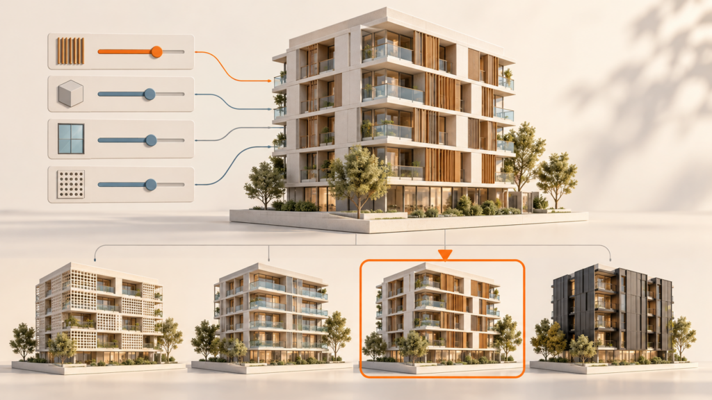 Parámetros y relaciones permiten explorar varias alternativas de un edificio antes de seleccionar una opción.