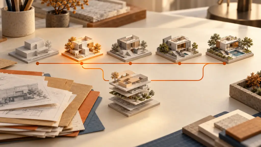 Versiones de un modelo arquitectónico sobre una línea de cambios que se ramifica y vuelve a unirse.