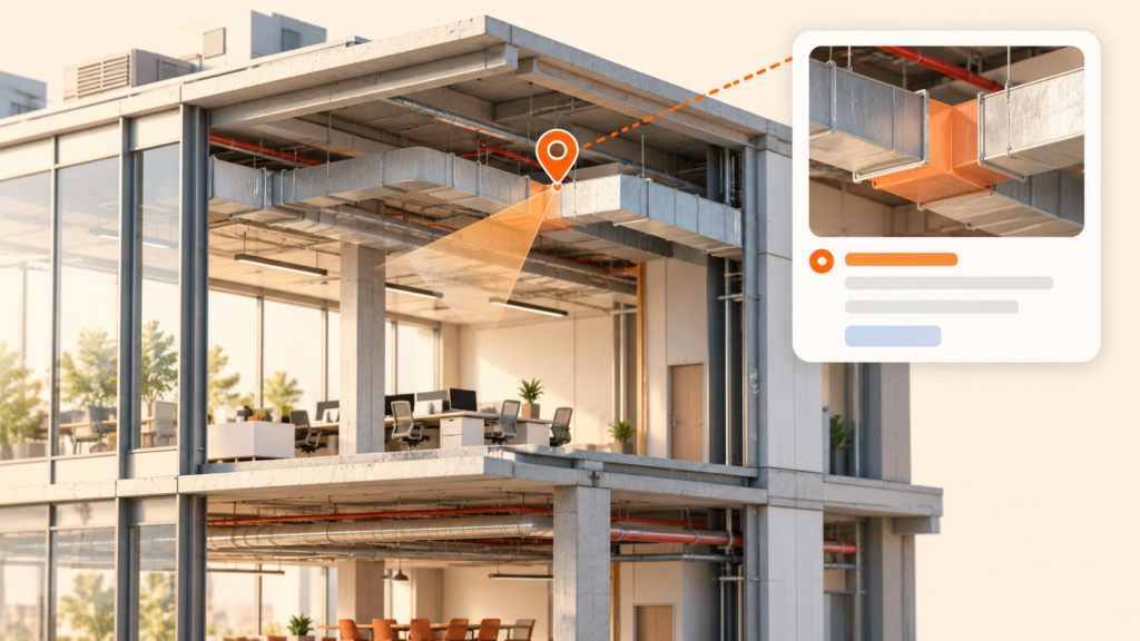 Marcador de incidencia sobre una instalación del modelo BIM, conectado con una vista de contexto y su ficha.