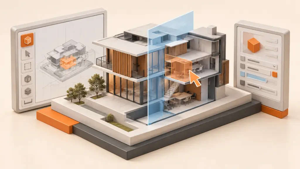 Piezas modulares de un visor BIM con modelo arquitectónico, selección, panel de propiedades y plano de sección.