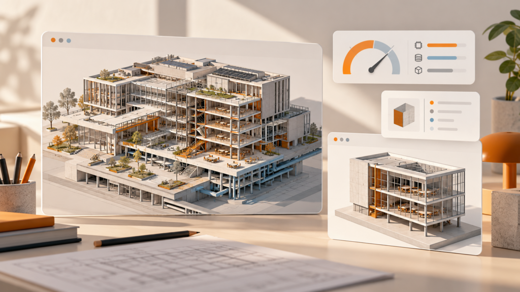 Dos vistas de modelos arquitectónicos de distinta complejidad, con un indicador y una ficha para evaluar un visor web.