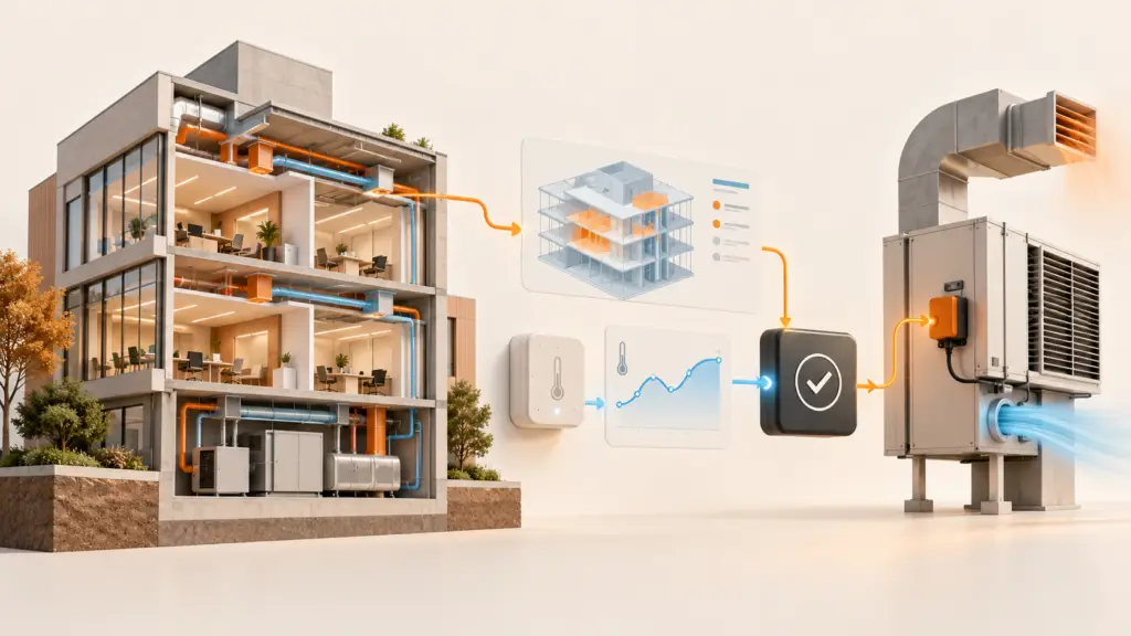 Edificio seccionado conectado con un sensor de temperatura, datos del modelo y una comprobación previa al control de un equipo.