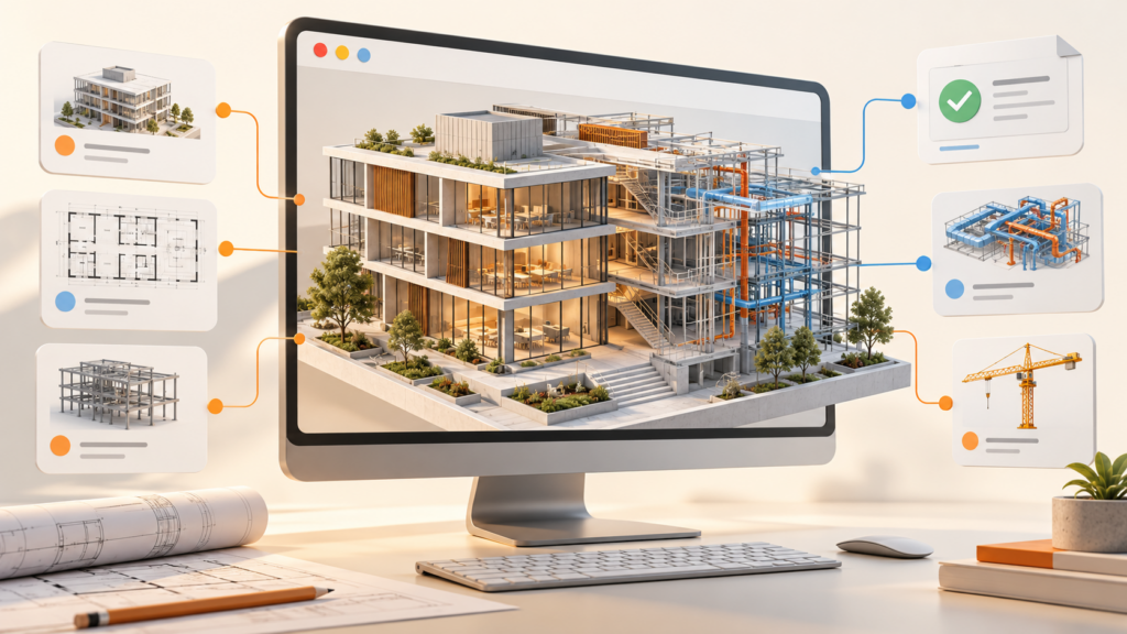 Modelo arquitectónico dentro de un marco de navegador, conectado con fichas de revisión del proyecto.
