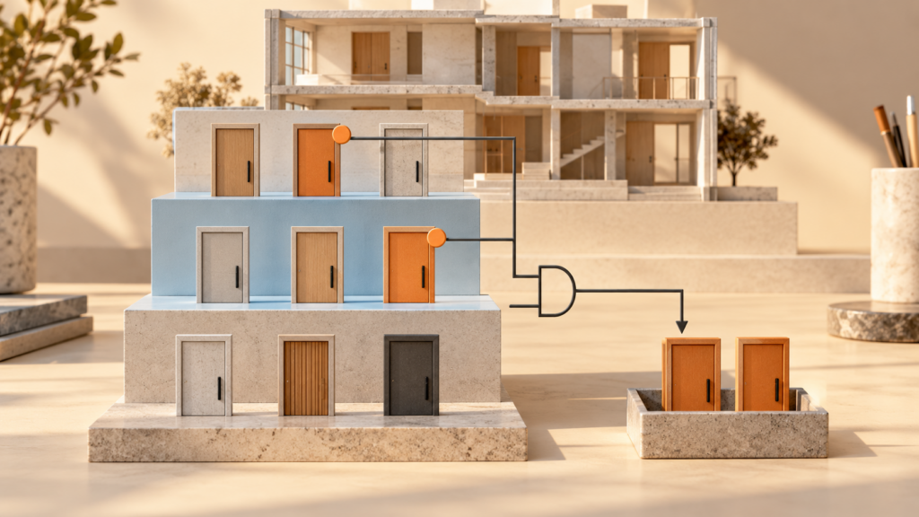 Ilustración conceptual de puertas seleccionadas mediante condiciones agrupadas en un modelo arquitectónico.