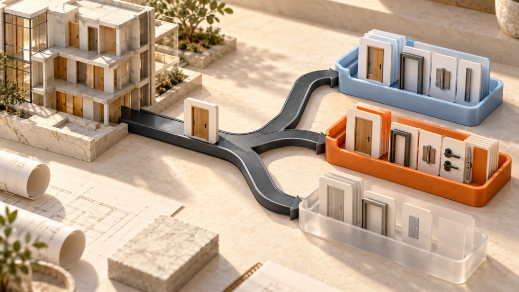 Ilustración conceptual de una puerta clasificada por tres rutas de decisión con resultados separados.