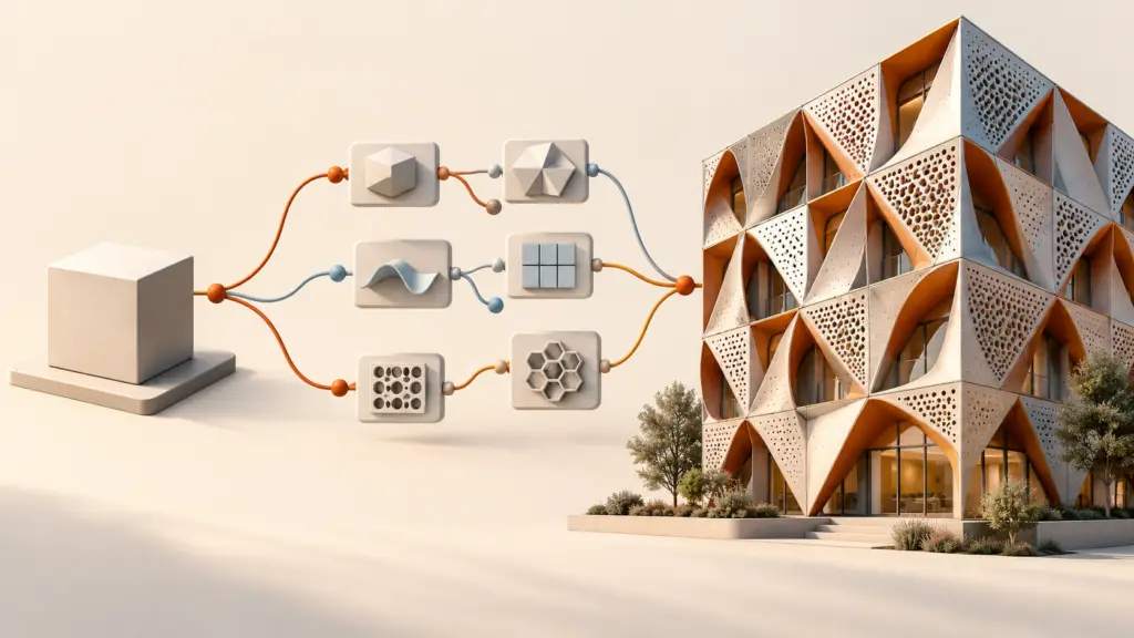 Reglas visuales conectadas mediante nodos que transforman un volumen sencillo en una fachada modulada.