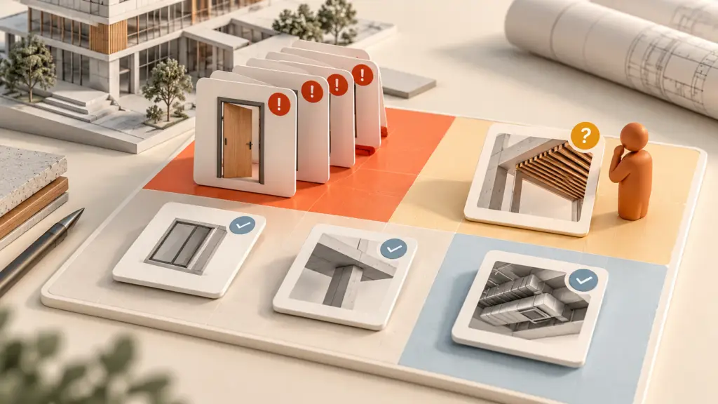 Elementos de un modelo BIM organizados en una matriz de prioridades con avisos y comprobaciones.