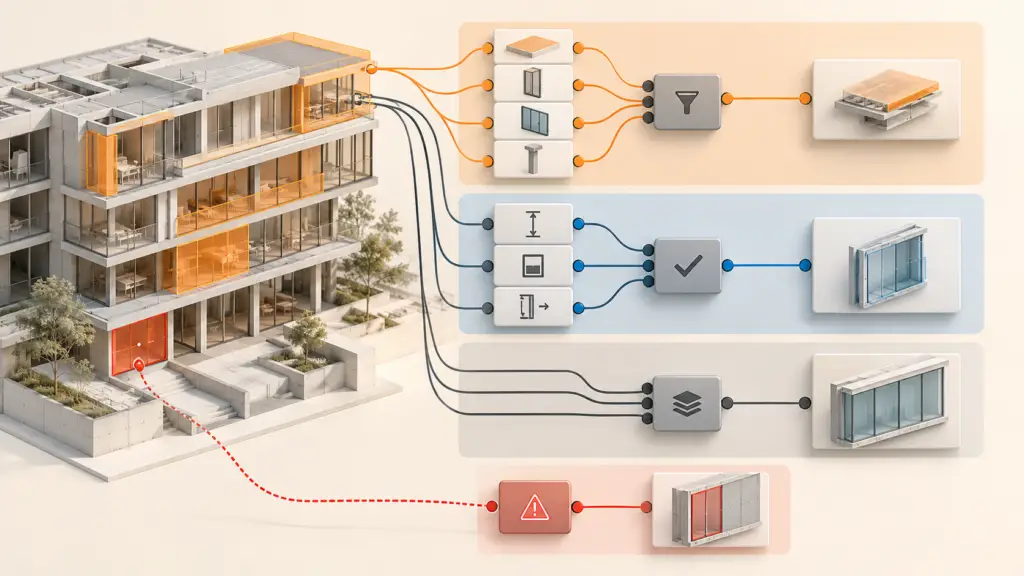 Modelo de edificio conectado a grupos de nodos que filtran, comprueban y organizan elementos BIM.