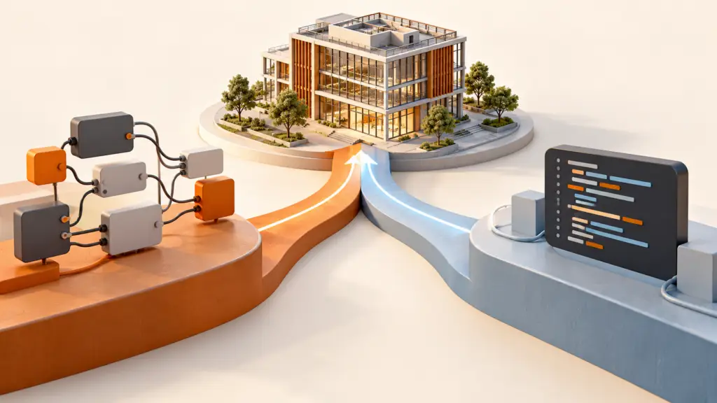 Dos recorridos, uno de nodos visuales y otro de código, convergen en el mismo modelo de edificio.