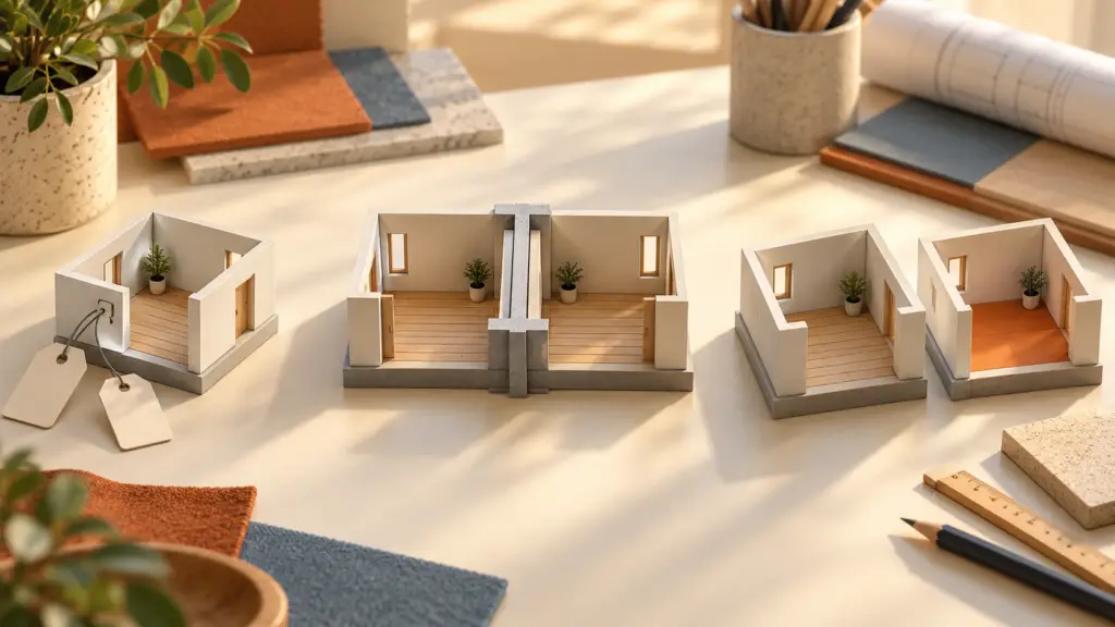 Ilustración conceptual de referencias compartidas y copias independientes mediante maquetas de espacios.