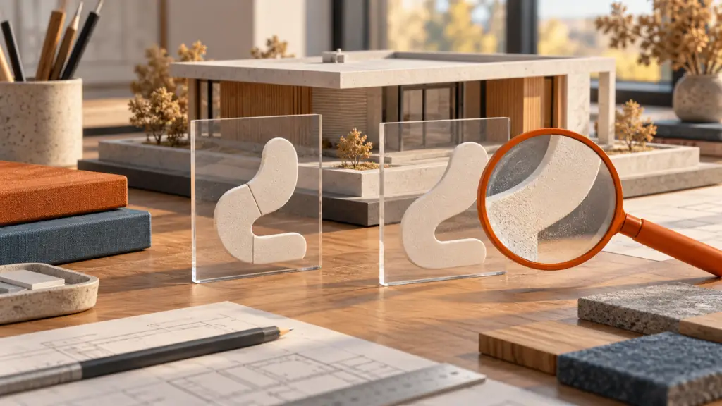 Ilustración conceptual de dos representaciones equivalentes de un signo comparadas junto a una maqueta arquitectónica.