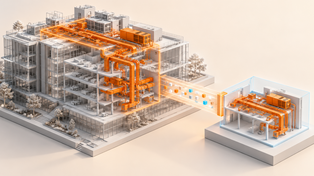 Un subconjunto de instalaciones destacado en naranja se comparte desde un edificio hacia un espacio de trabajo receptor.