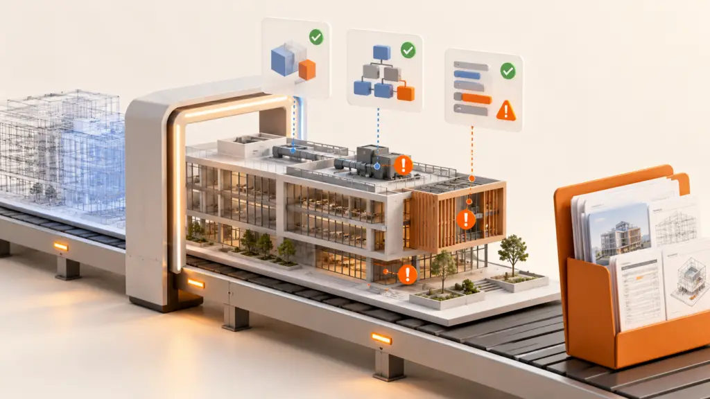 Modelo BIM de un edificio con equipos identificados y un panel de comprobación de la entrega IFC.