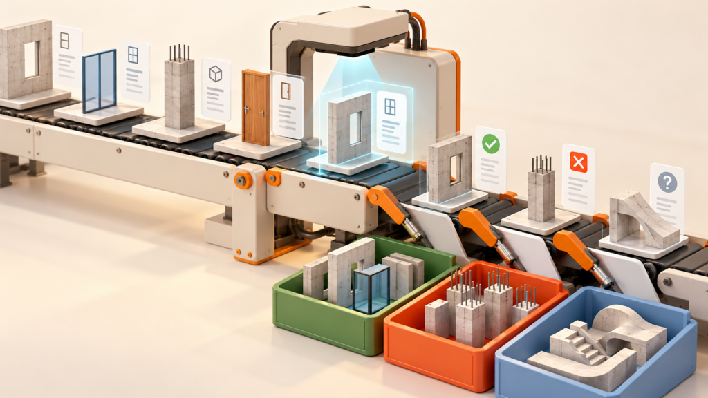 Elementos de un modelo BIM pasan por una comprobación automatizada que separa resultados correctos y fallos.