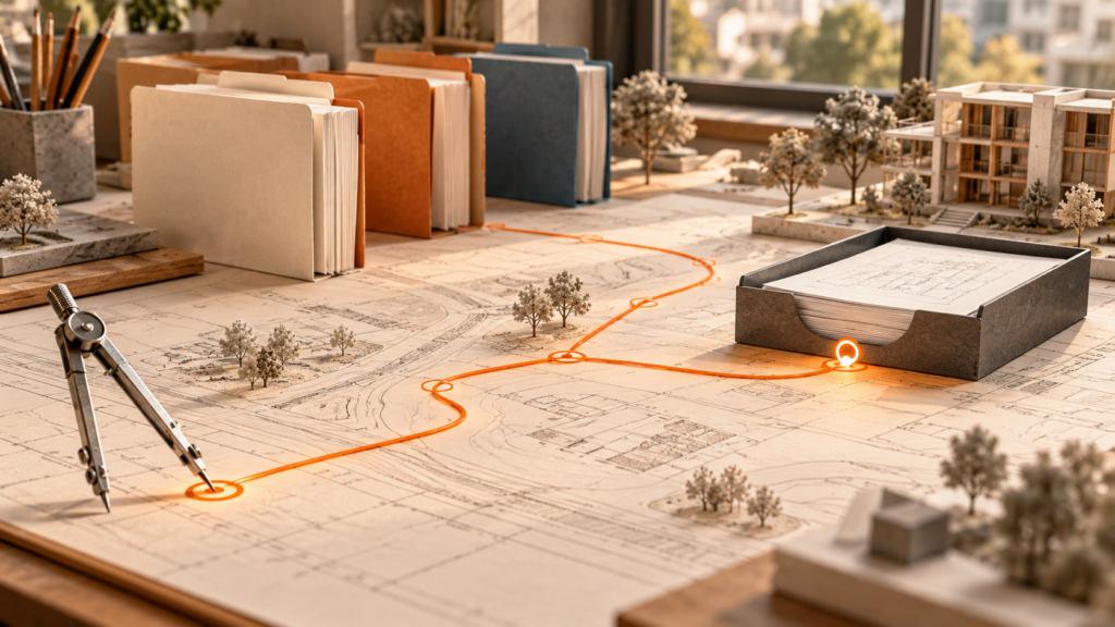 Ilustración conceptual de una ruta que localiza la carpeta de una entrega arquitectónica desde un punto de partida definido.