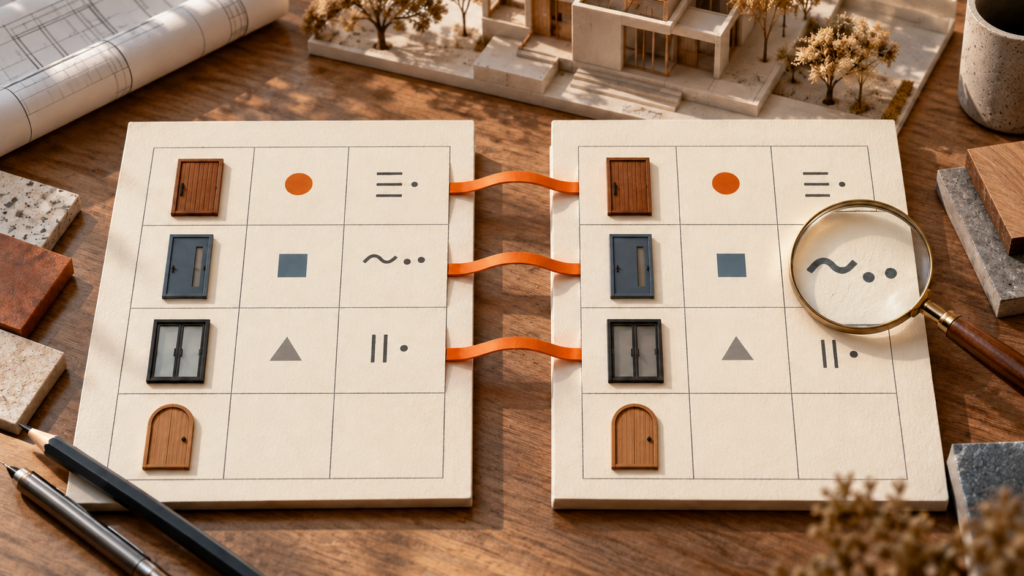 Ilustración conceptual de dos tablas que conservan las identidades y los campos de una entrega de puertas al intercambiar datos.