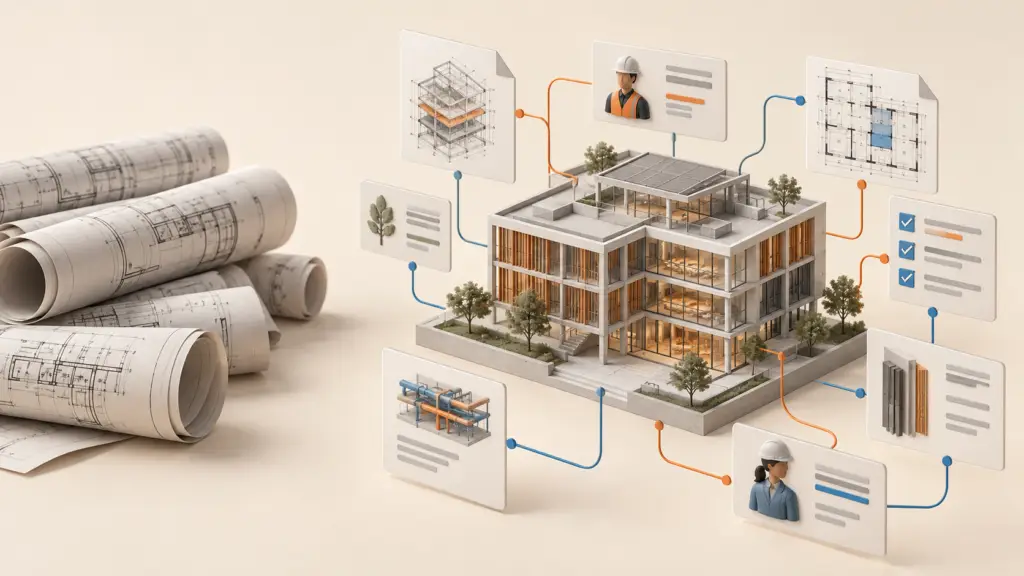 Ilustración de un modelo de edificio conectado con documentos, responsables y comprobaciones de datos.