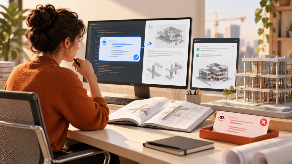 Mesa de aprendizaje con un modelo de edificio, ordenador y materiales para practicar programación aplicada a BIM.