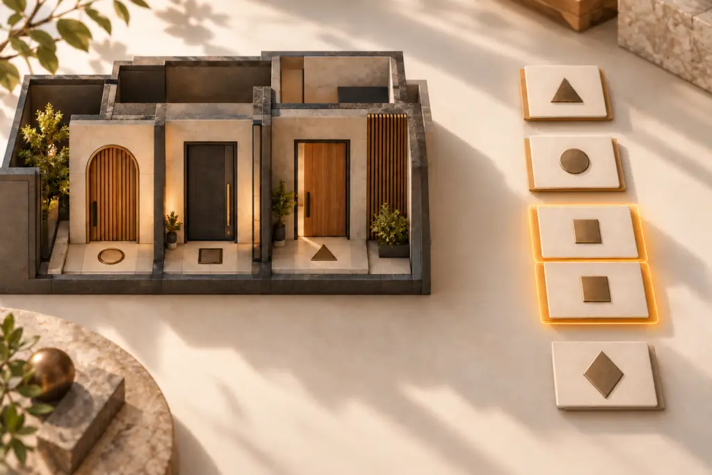 Ilustración conceptual de puertas identificadas por símbolos y tarjetas con una clave duplicada.