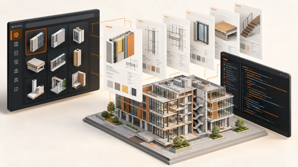 Documentación técnica de componentes de Revit conectada a un modelo BIM y un editor de código.