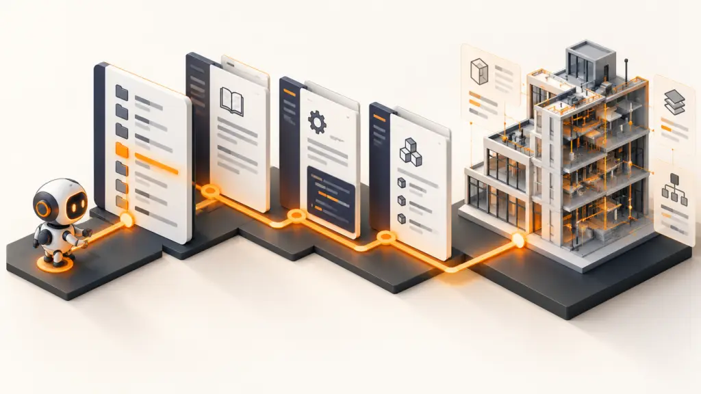 Un agente sigue un índice de documentación y páginas técnicas hasta un modelo BIM.