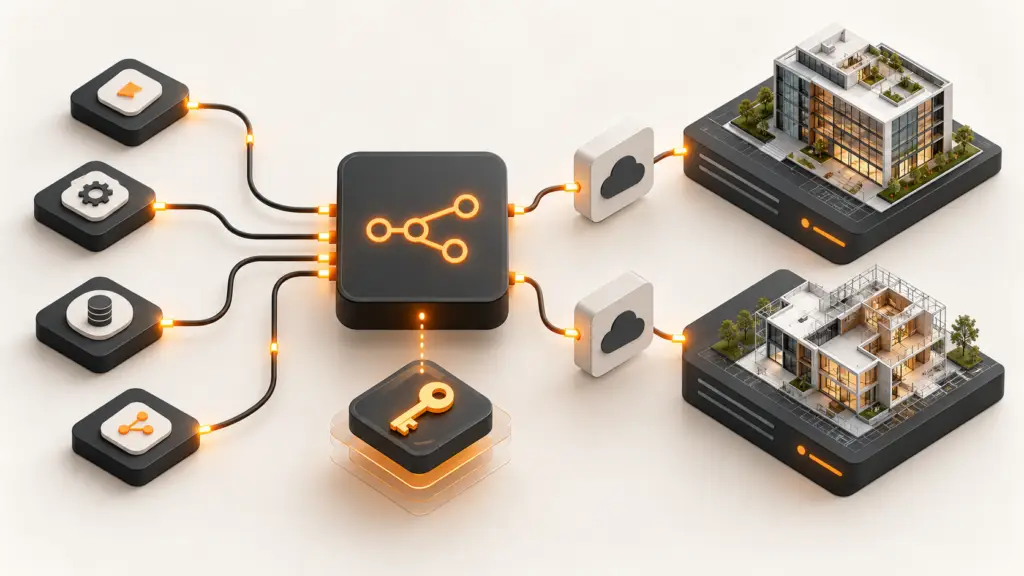 Nodos de automatización conectados mediante una credencial a dos proyectos BIM en la nube.
