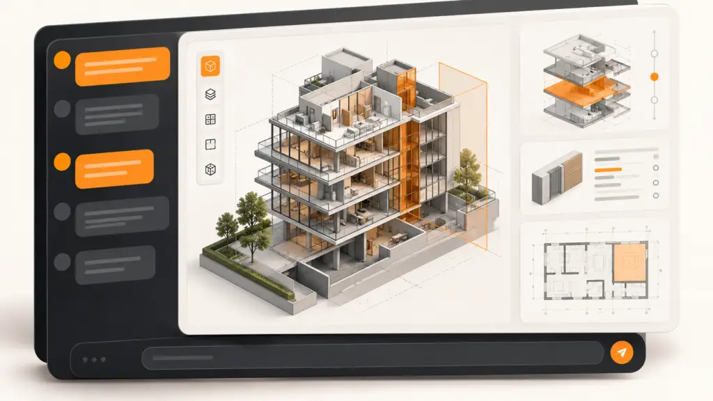 Un modelo BIM y sus propiedades aparecen dentro de una interfaz conceptual de conversación.