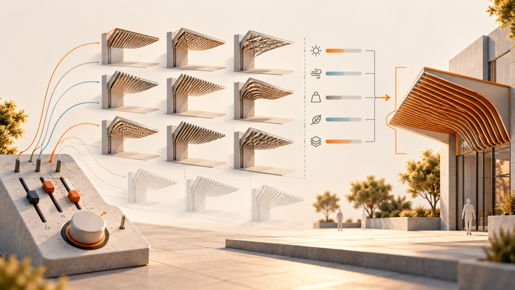 Varias alternativas de un edificio relacionadas con una propuesta de diseño sobre una mesa de trabajo.