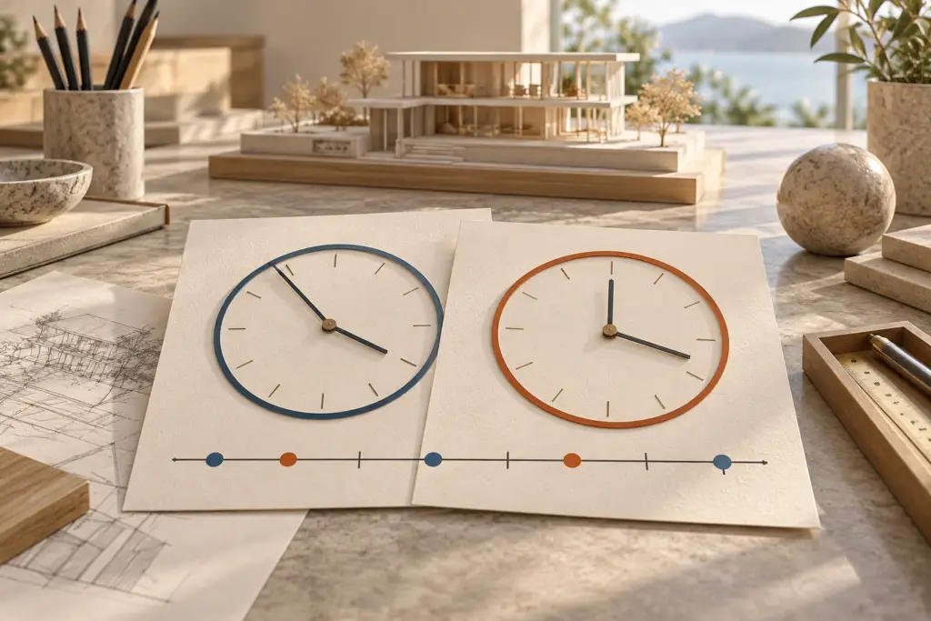 Ilustración conceptual de dos relojes sobre documentos de revisión y una línea temporal común junto a una maqueta.