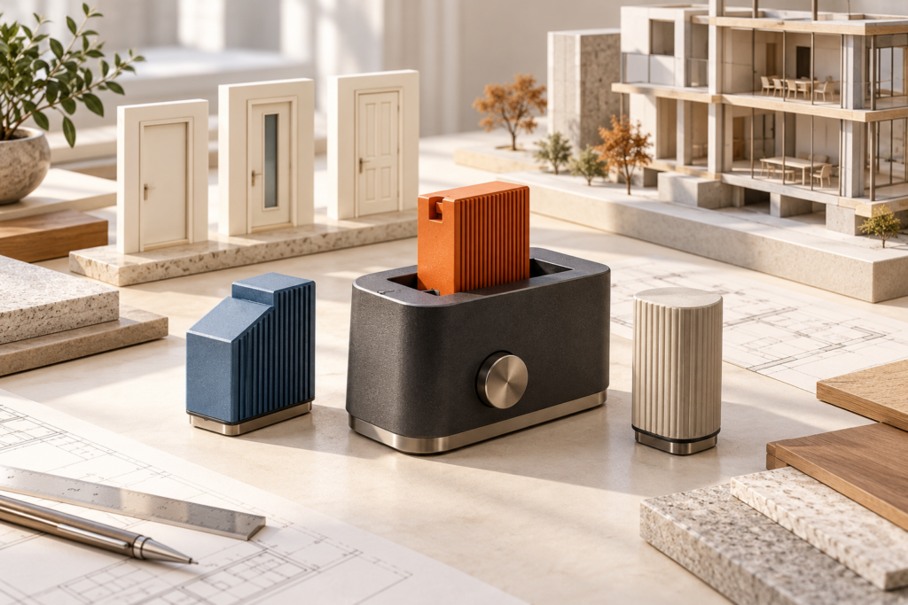 Ilustración conceptual de un dispositivo modular con piezas de colores junto a muestras de puertas y una maqueta arquitectónica.