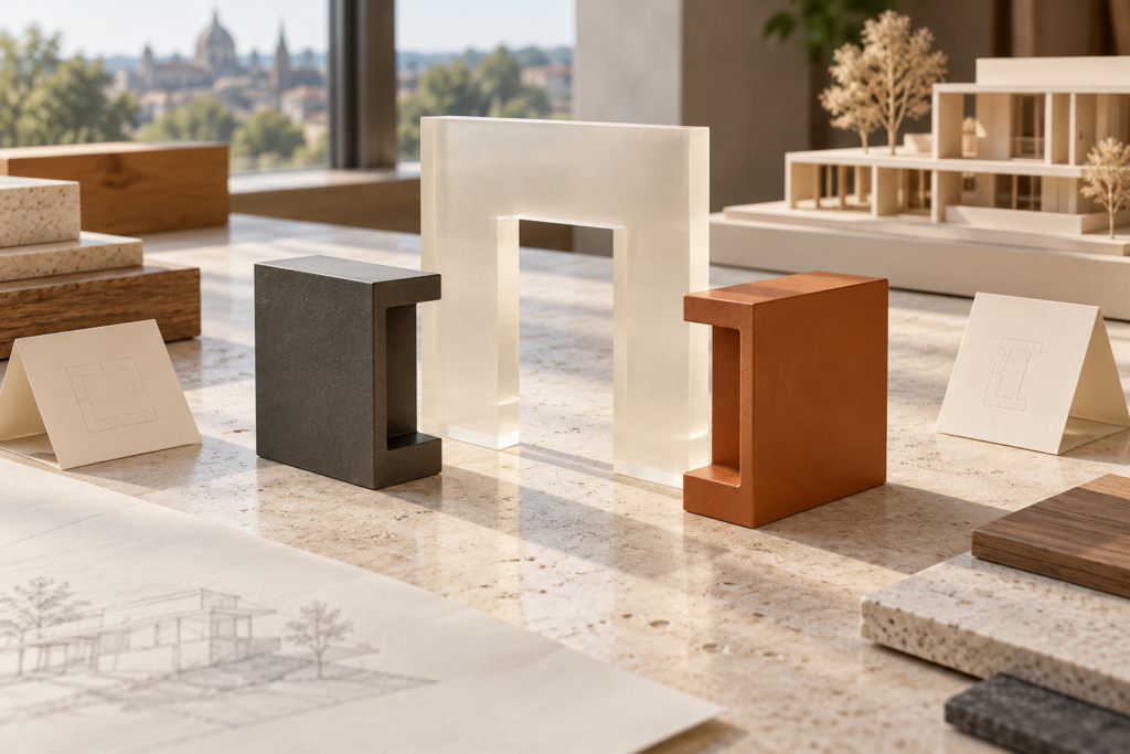 Ilustración conceptual de una plantilla translúcida y dos componentes de materiales distintos con un perfil común junto a una maqueta.