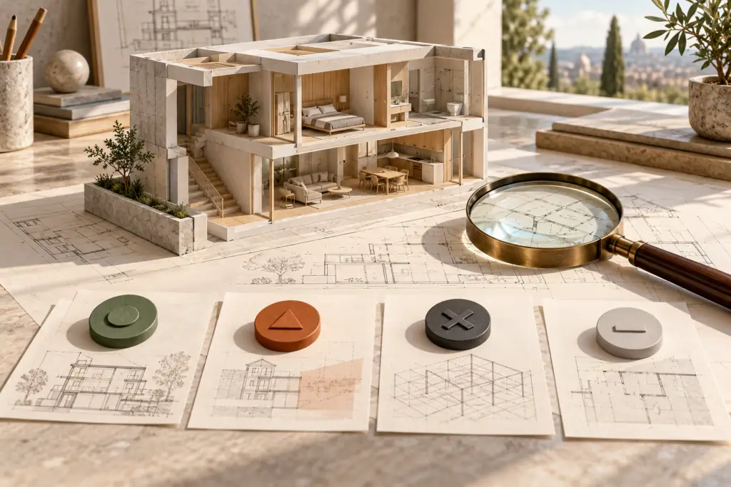 Ilustración conceptual de una maqueta, una lupa y cuatro marcadores de estado sobre documentos arquitectónicos.