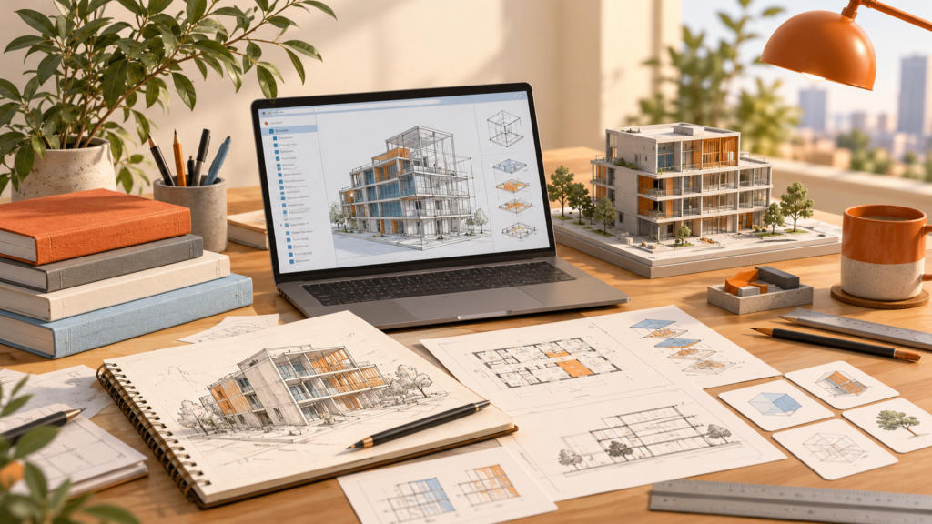 Mesa de estudio con ordenador, libros, planos y una maqueta para practicar habilidades digitales de arquitectura.