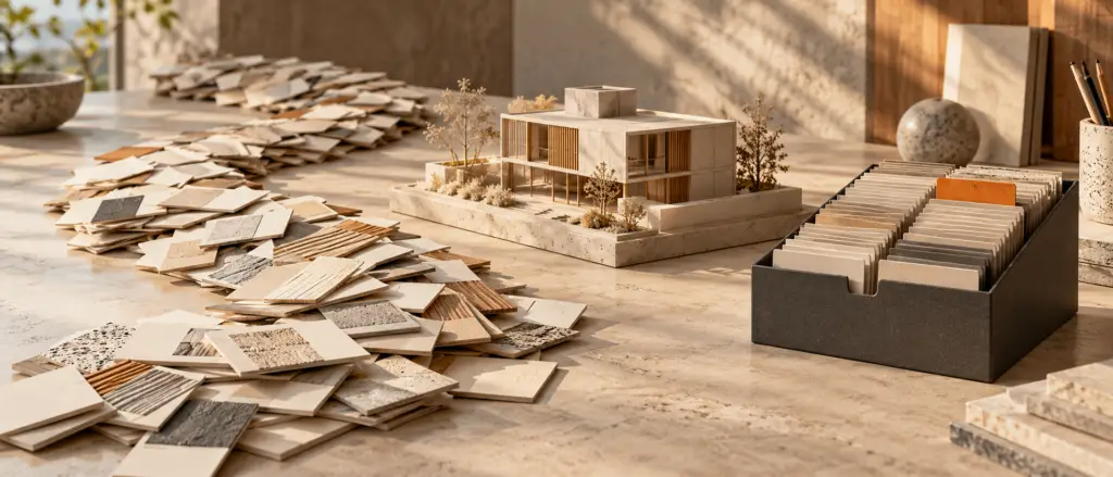 Maqueta arquitectónica entre muestras dispersas y un fichero ordenado, metáfora de buscar repetidamente o preparar un índice.
