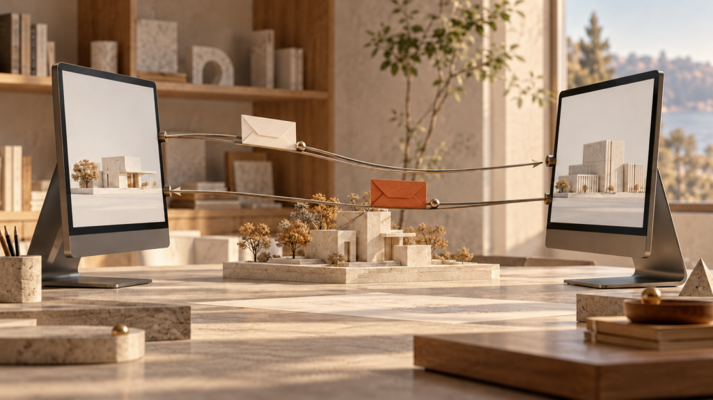 Dos pantallas intercambian una petición y una respuesta en sentidos opuestos sobre una maqueta arquitectónica.