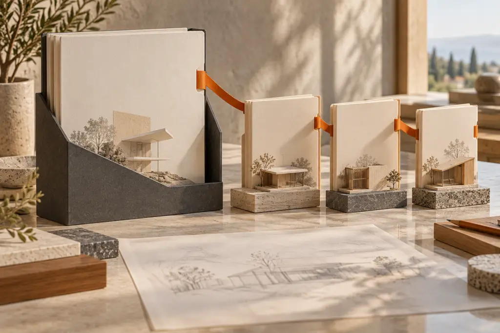 Una carpeta principal y tres carpetas con maquetas relacionadas representan una entrega y sus versiones.