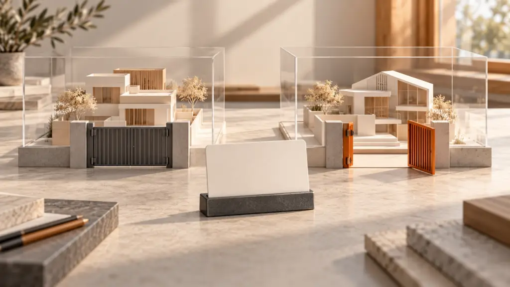 Una tarjeta de identidad ante dos proyectos arquitectónicos con accesos distintos, uno cerrado y otro abierto.