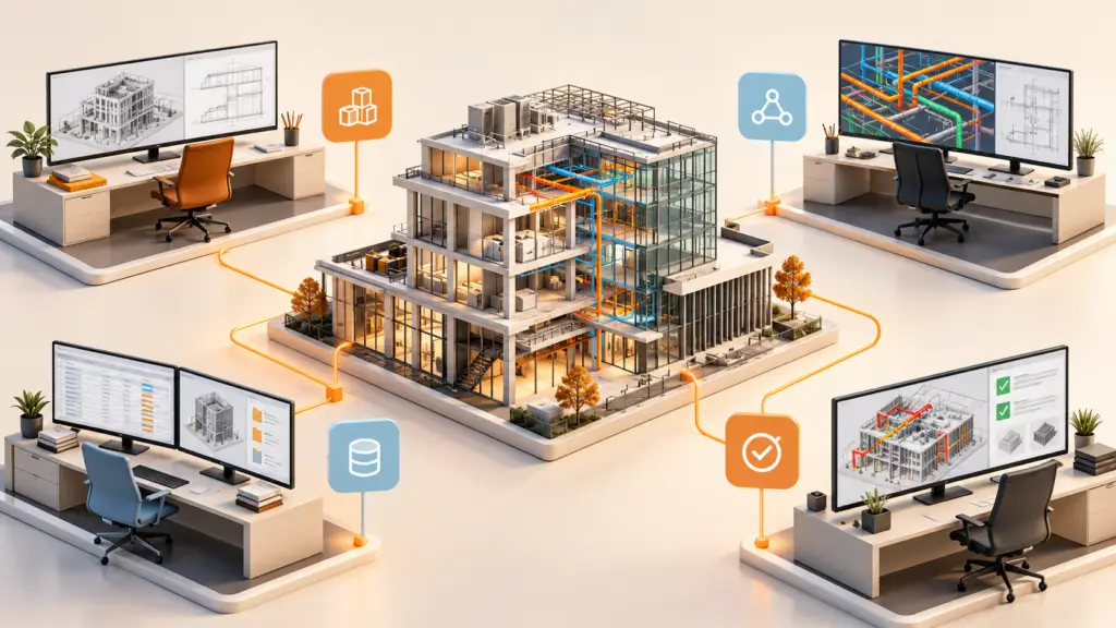 Modelo de edificio conectado a varios puestos de trabajo de producción, coordinación, datos y revisión BIM.