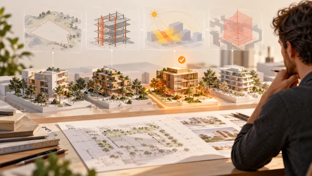 Una persona compara alternativas de un edificio con información de estructura, entorno y evaluación.