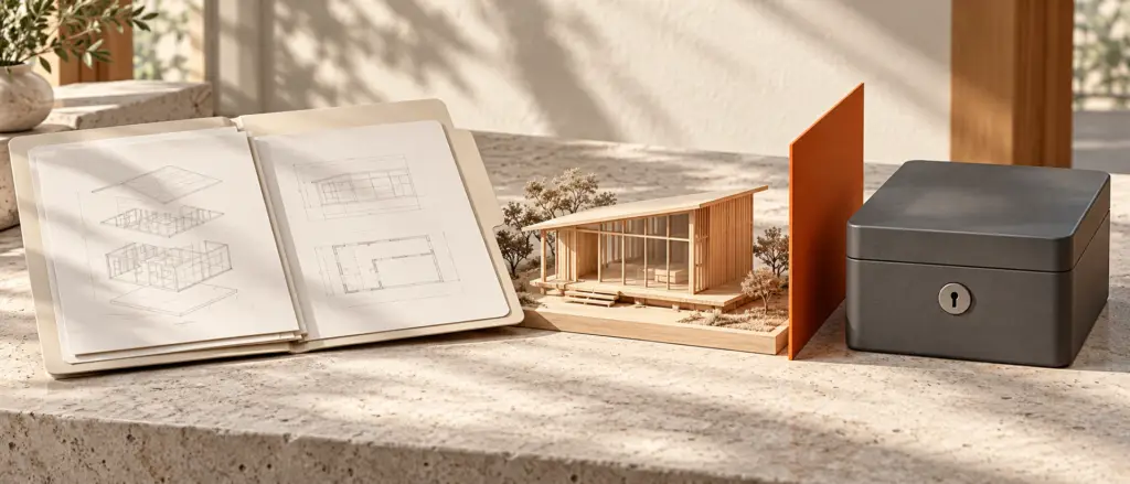 Una carpeta de instrucciones y una caja cerrada separadas por un panel naranja junto a una maqueta arquitectónica.