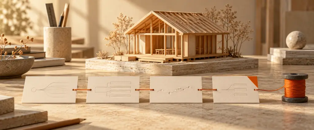 Cuatro tarjetas conectadas por un hilo naranja reconstruyen una operación junto a una maqueta arquitectónica.