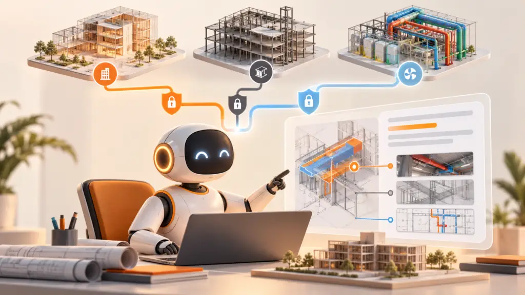 Un asistente de IA relaciona información de arquitectura, estructura e instalaciones con una incidencia y sus referencias.