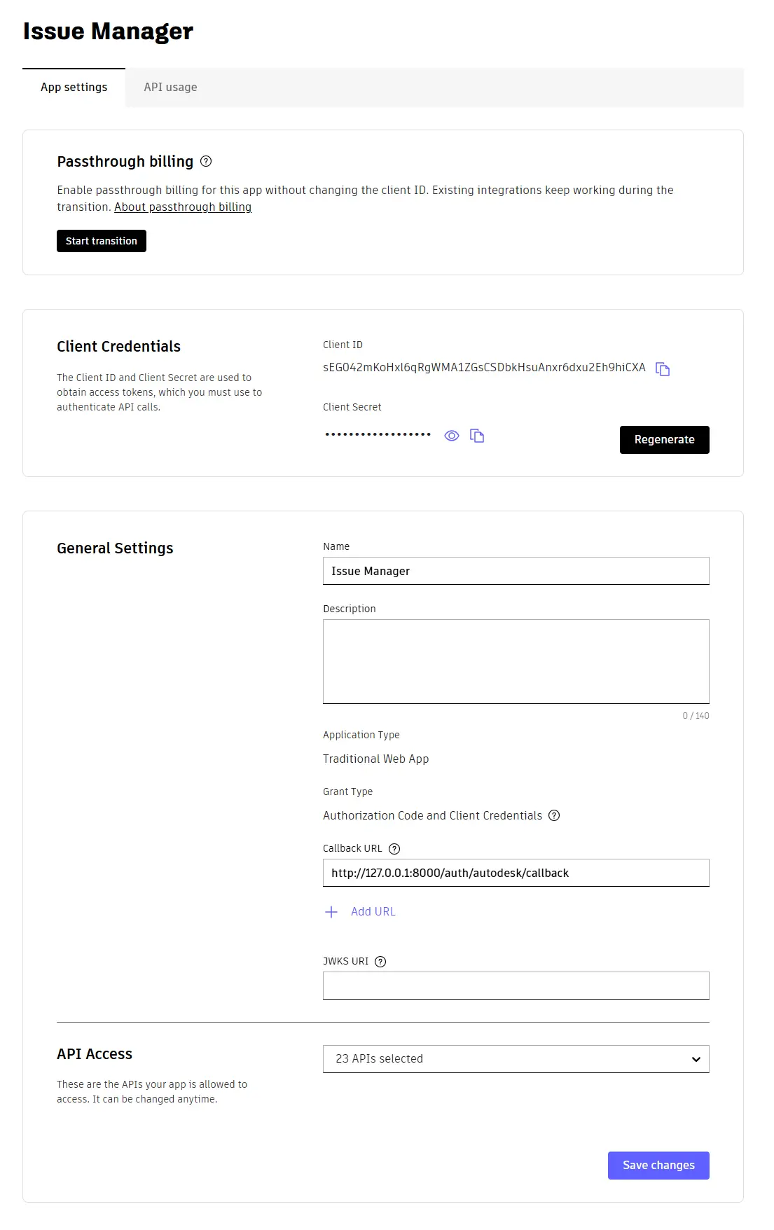 Configuración de Issue Manager en Autodesk Platform Services como Traditional Web App, con la URL de retorno local y el secreto de aplicación oculto.