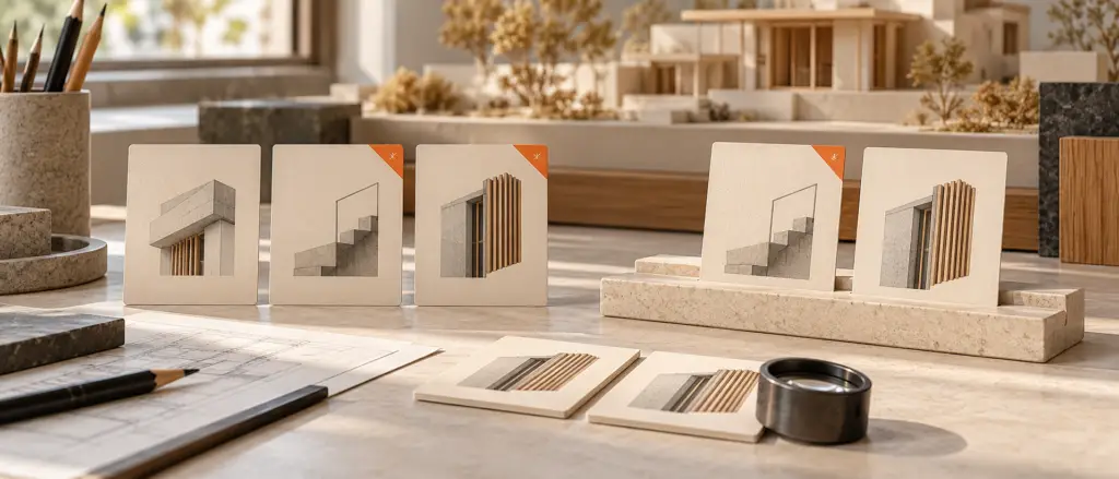 Tarjetas de detalles arquitectónicos seleccionadas en un soporte y comprobadas con una lupa sobre una mesa de estudio.