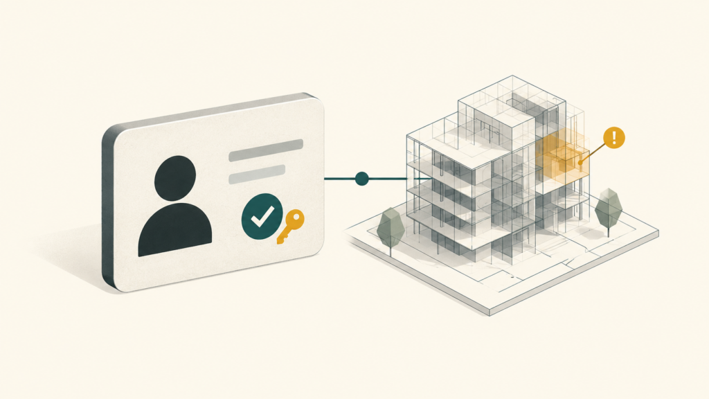 Ilustración de una tarjeta de identidad con una llave y una verificación, conectada a un modelo de edificio con una incidencia señalada.