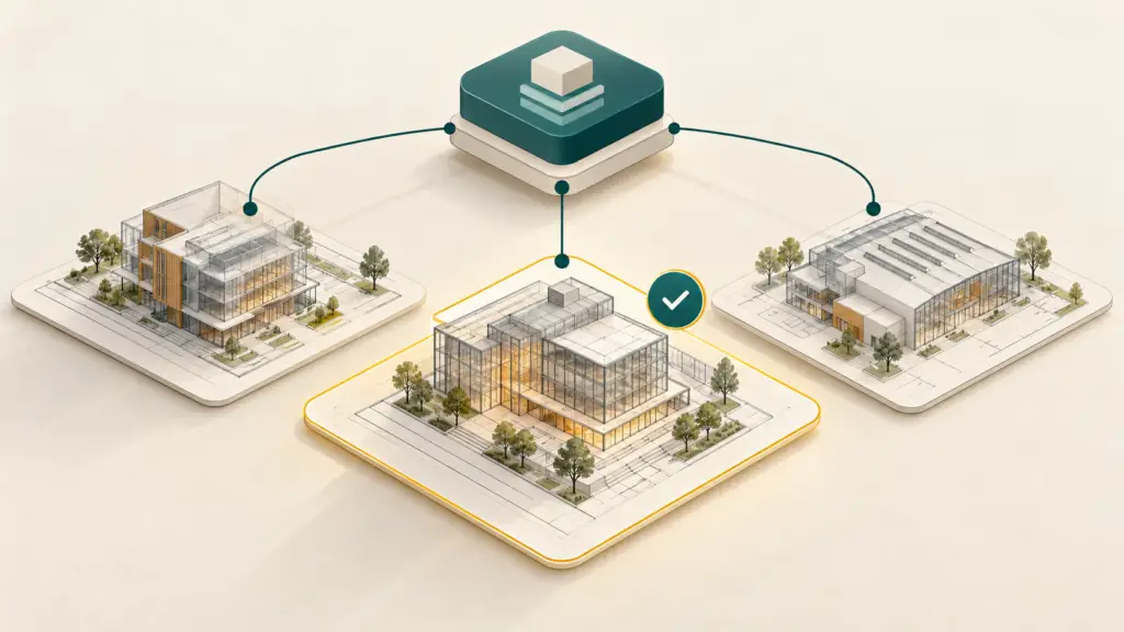 Ilustración conceptual de un hub conectado a tres modelos de edificios, con un proyecto seleccionado mediante un borde dorado y una marca de verificación.