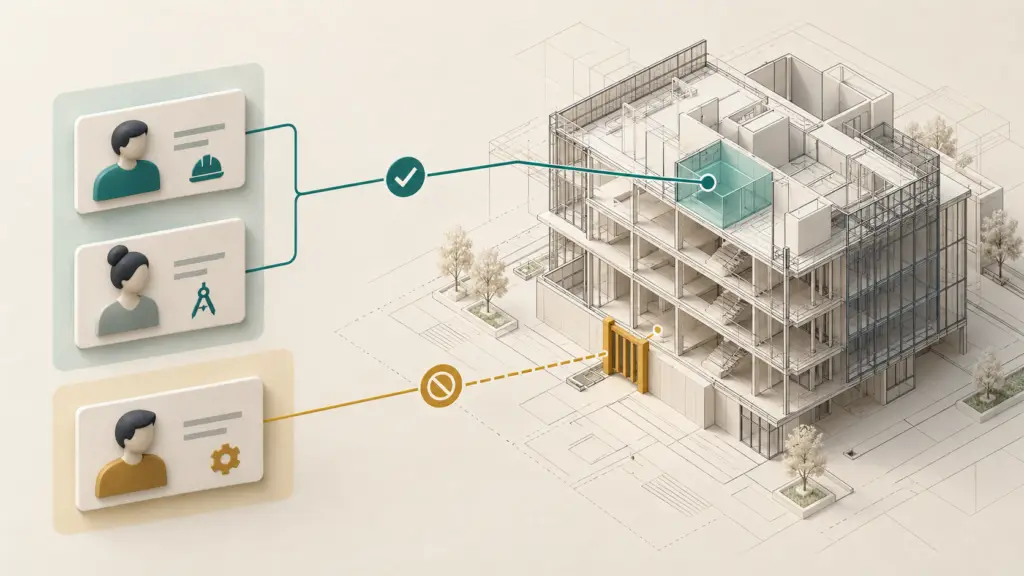 Ilustración conceptual de miembros de dos grupos conectados a un modelo BIM, con una asignación permitida y otra limitada por una barrera.